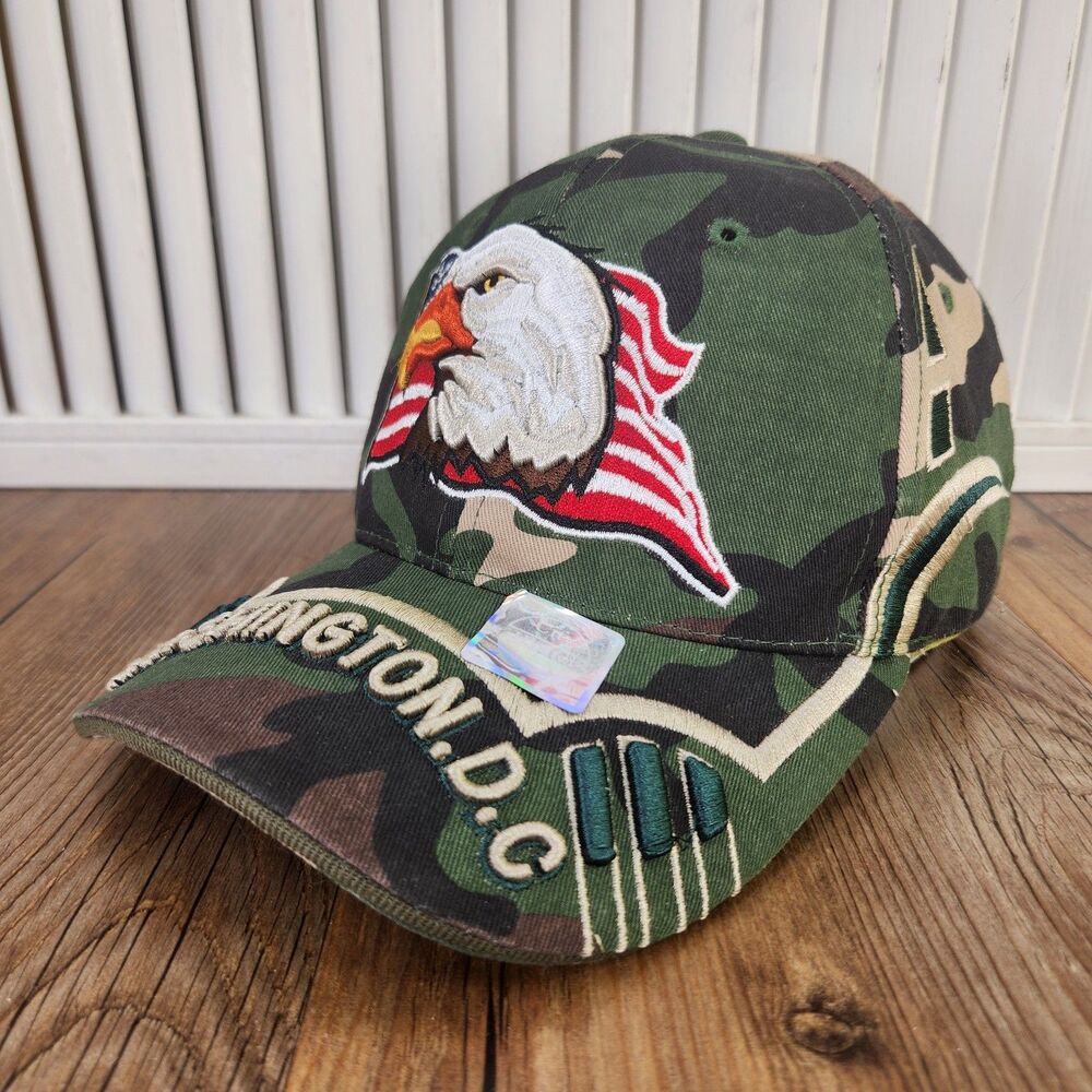 Washington DC City Hunter Army Camo Hat Green USA Flag Bald Eagle Patriotic Cap